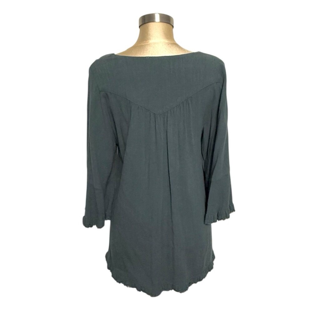 Umgee Boho Flowy Tunic Top Slate Blue Bell Sleeve Frayed Hem M - Picture 2 of 10